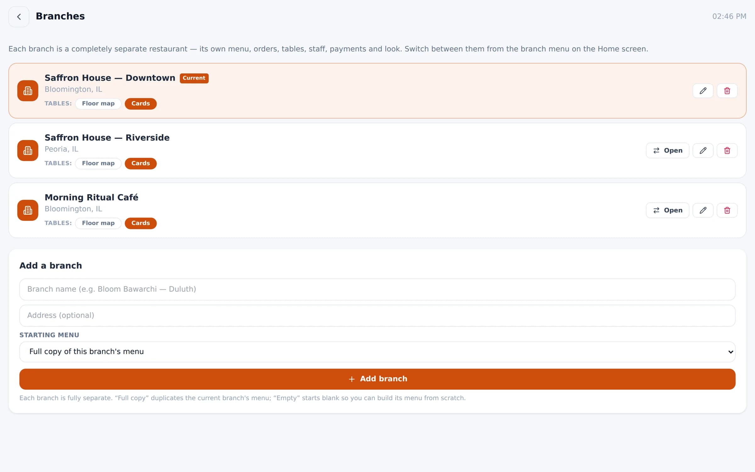 Bloom POS branch management with three locations