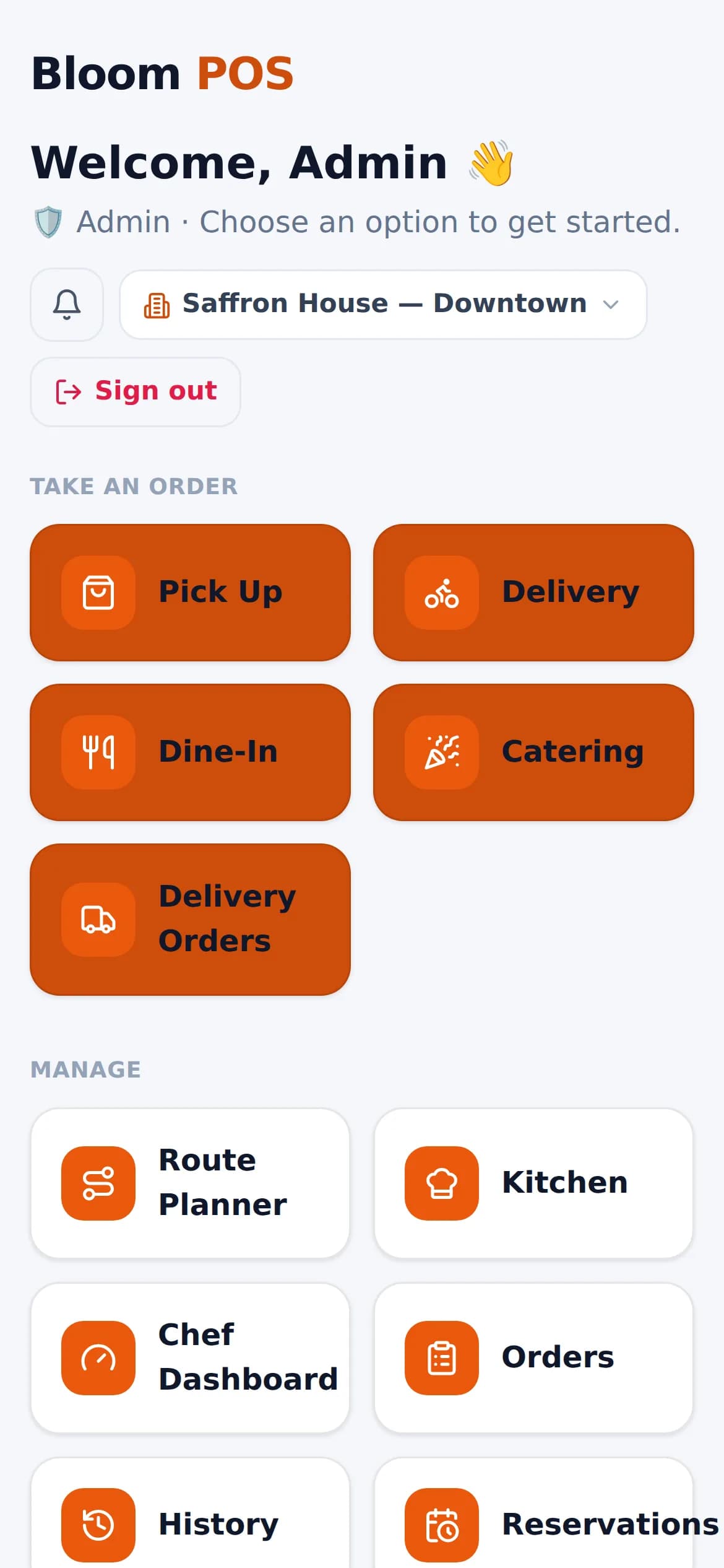 Bloom POS home screen on a phone