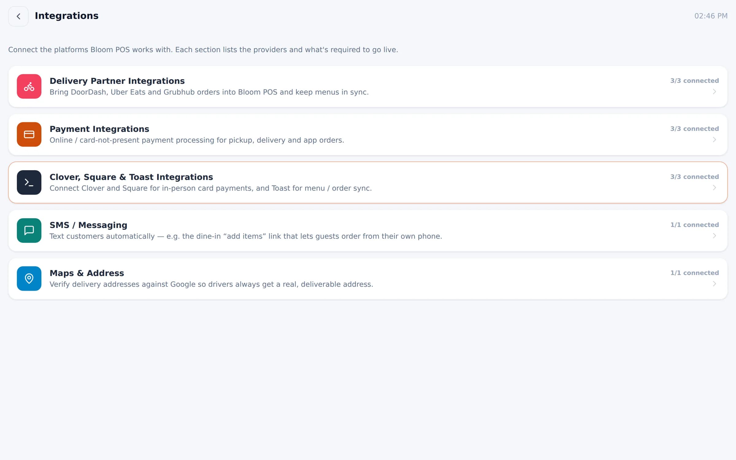 Bloom POS integrations for delivery apps, payments, SMS and maps