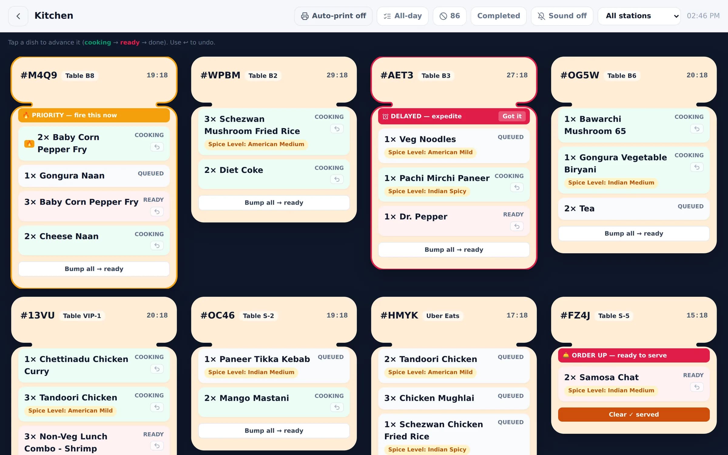 Bloom POS kitchen display with live tickets, a priority dish and a delayed order