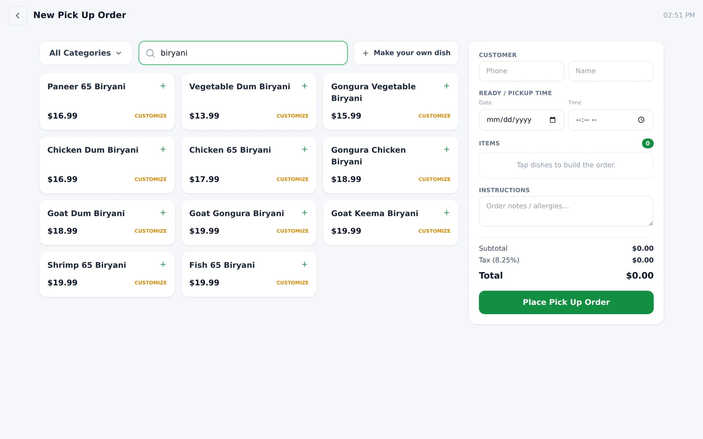 Bloom POS order screen in the Bloom Green look