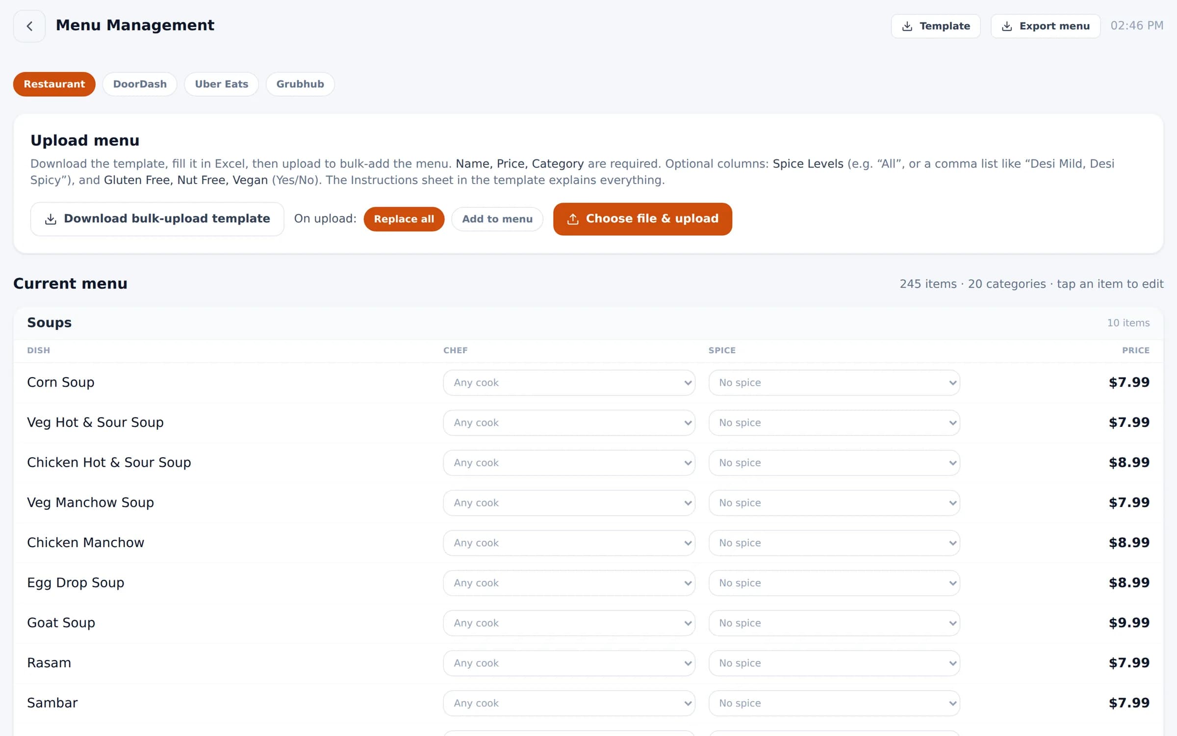 Bloom POS menu management with channel menus and bulk upload