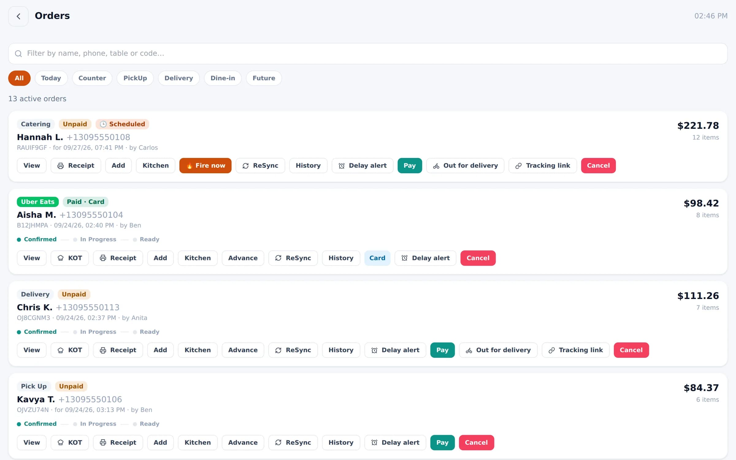 Bloom POS orders board with catering, delivery app and pickup orders