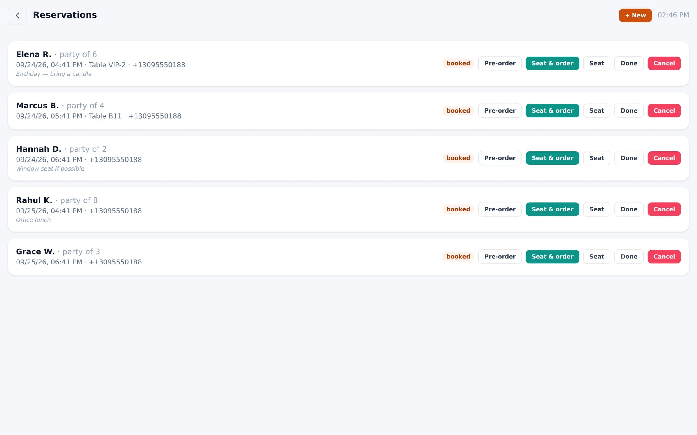 Bloom POS reservations list with party sizes and pre-order options