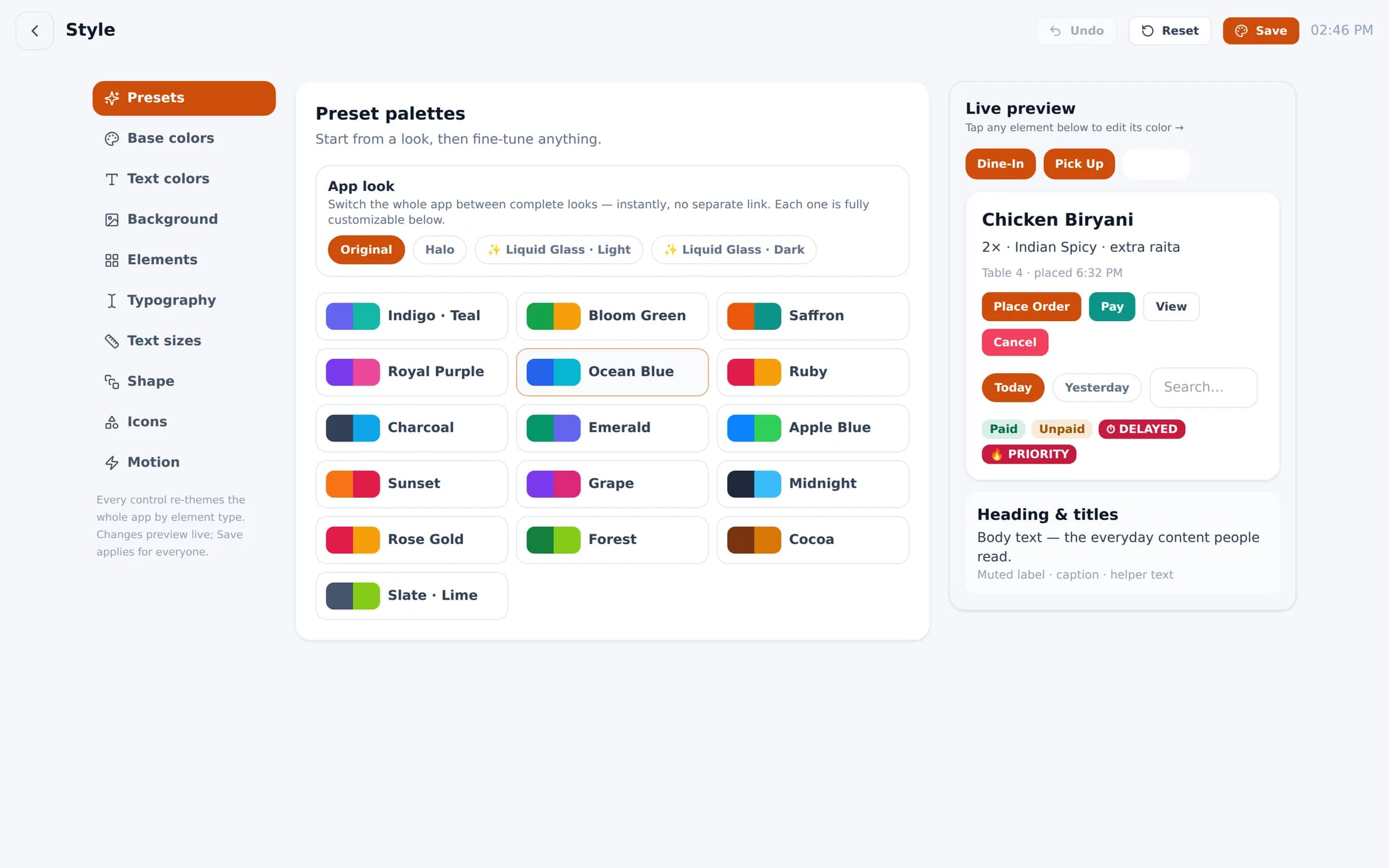 Bloom POS style editor with preset looks and a live preview